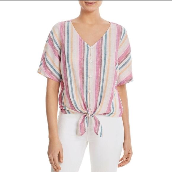 Beachlunchlounge Striped Linen Blend Button Tie Front Relaxed Fit Top - Picture 2 of 7